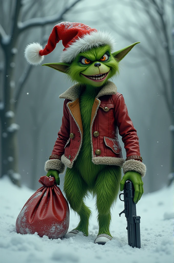 Grinch with gift bag and gun