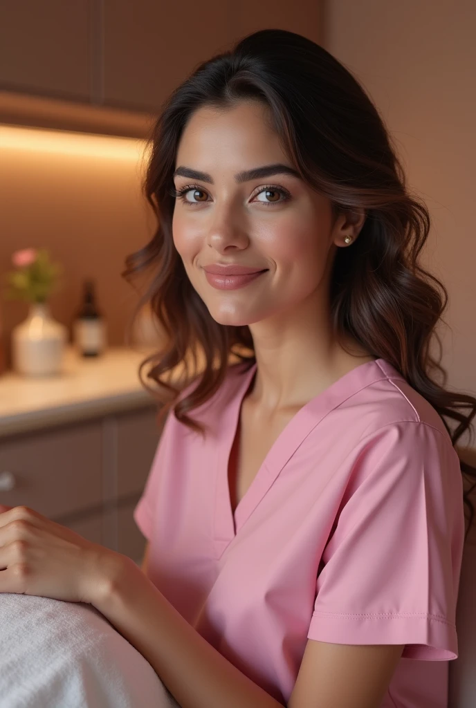pakistani doctor, pink scrubs, aesthetic clinic, sitting in a facial clinic, with a client laying on spa bed, beautiful detailed eyes, beautiful detailed lips, extremely detailed face and features, intricate details, photo-realistic, 8k, high resolution, masterpiece, cinematic lighting, dramatic shadows, warm color tones, elegant, professional