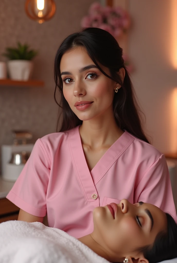 pakistani doctor, pink scrubs, aesthetic clinic, sitting in a facial clinic, with a client laying on spa bed, beautiful detailed eyes, beautiful detailed lips, extremely detailed face and features, intricate details, photo-realistic, 8k, high resolution, masterpiece, cinematic lighting, dramatic shadows, warm color tones, elegant, professional