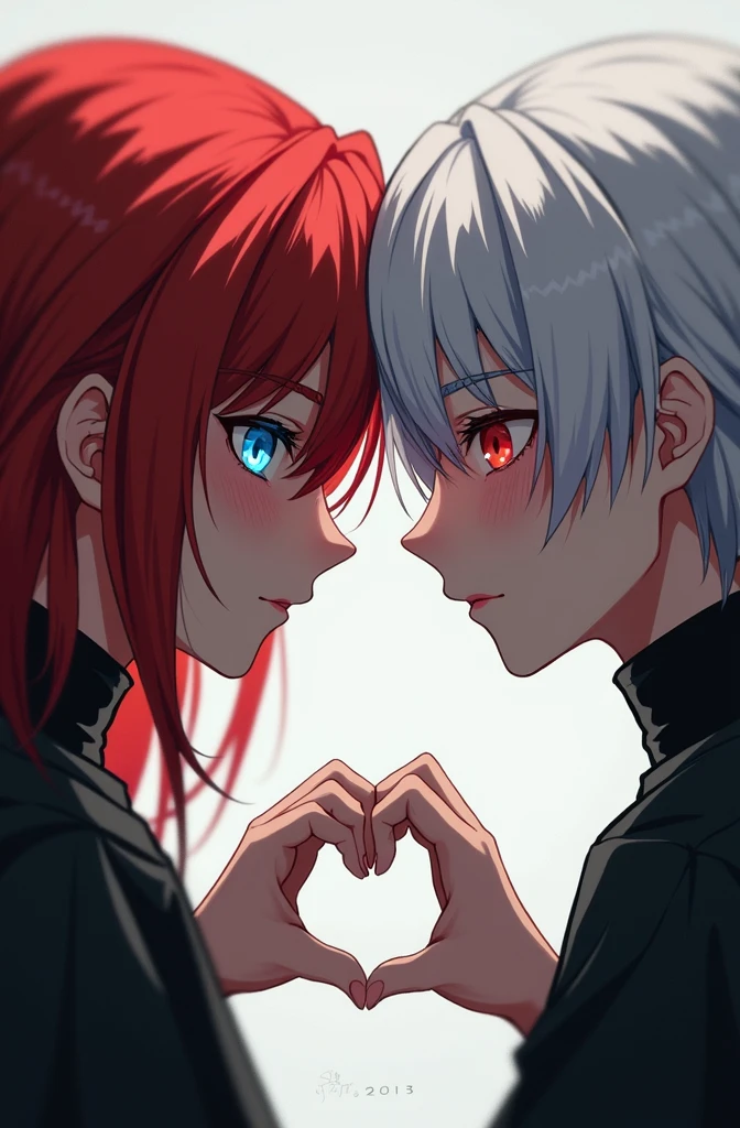 redhead with red right eye and blue left eye making a heart using her hands along with one with white hair and red eyes