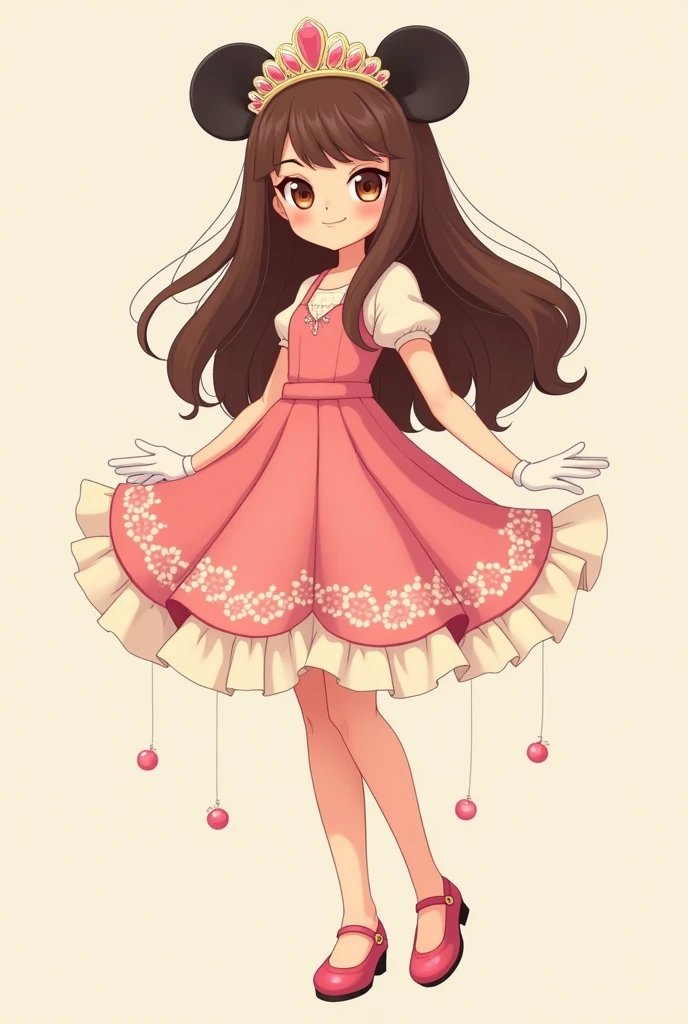 2D drawing, cute in a flared dress, Long brown hair, eyes browns, happy with a minnie tiara, cute style