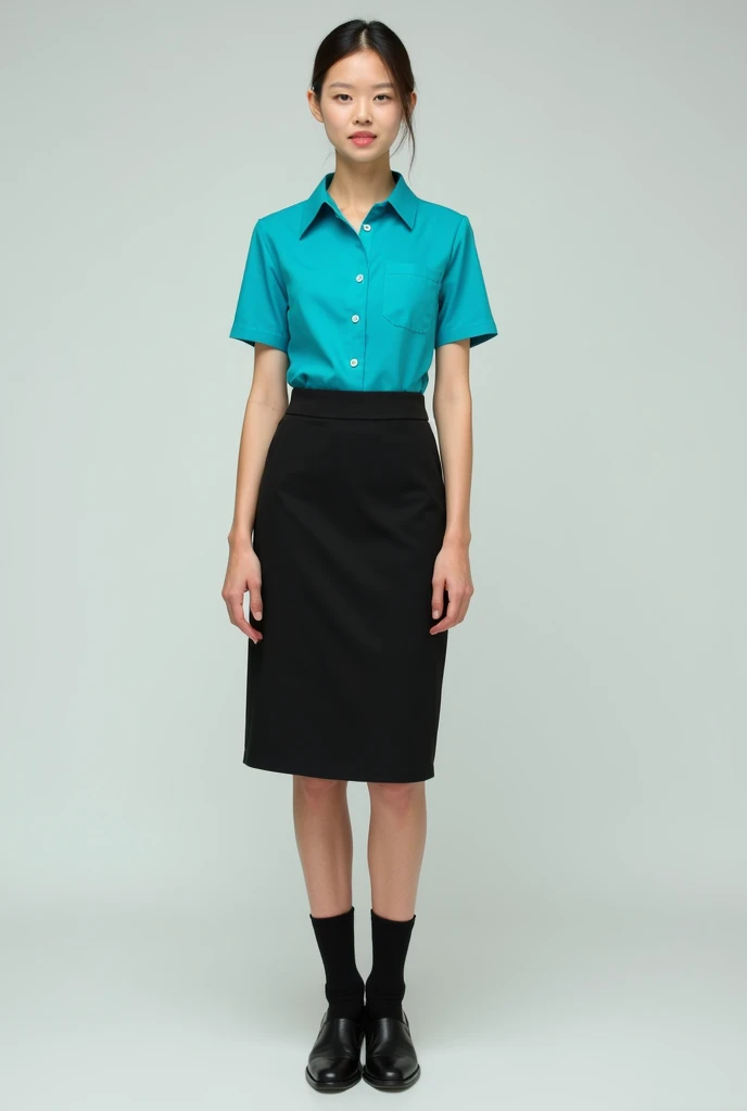Columbia Turquoise Short Sleeve Shirt Uniform with Short Black Skirt with Black Shoes and Black Socks