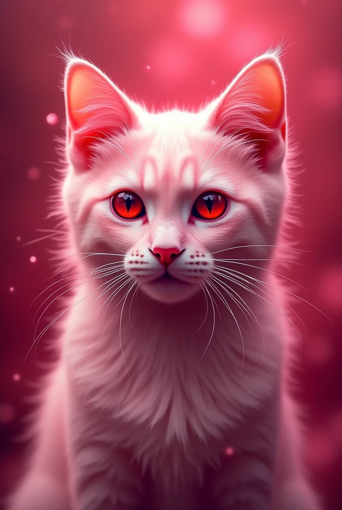 An icon of a pink fur cat head, red eyes and pointed whiskers, The cat inspires sensitivity and mysticism. The cat looks ahead, the background should be pink or red