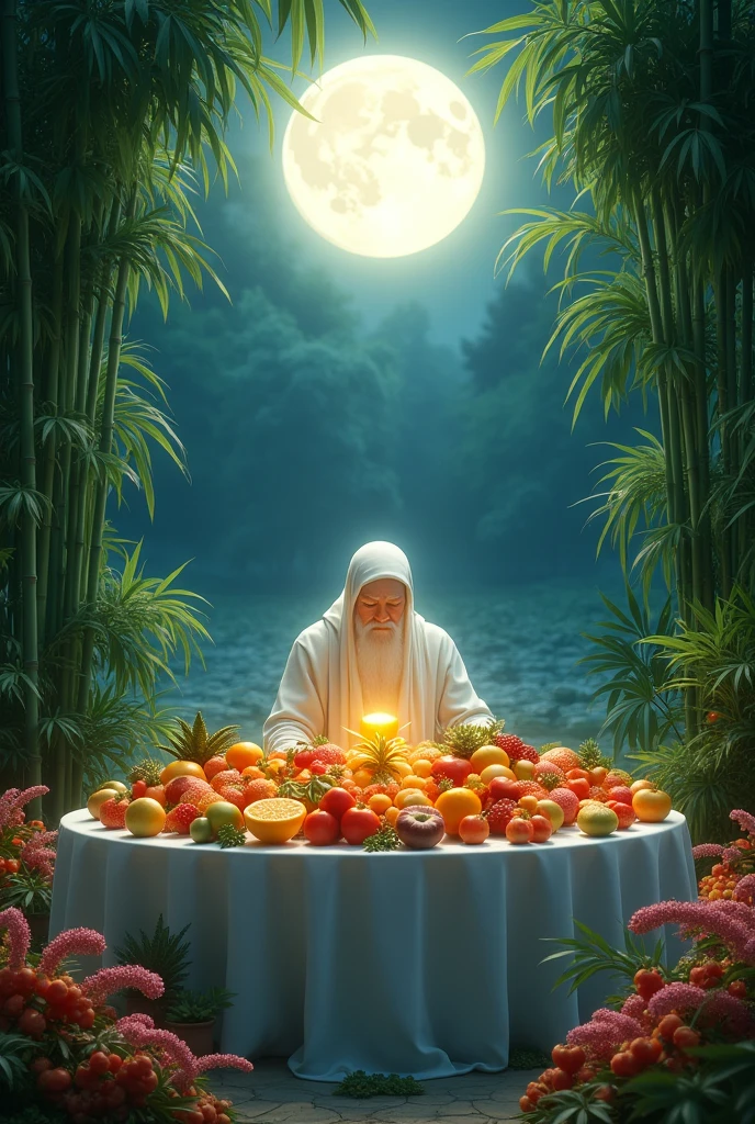 Heaven dinning table full by different types of fruits and heaven man in full moon night under bamboos garden