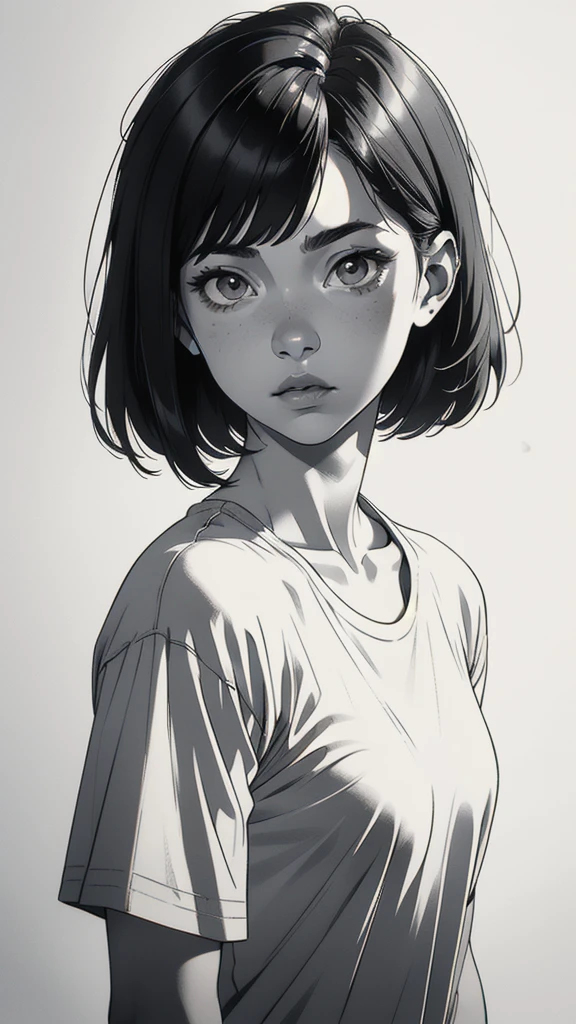 1 boyish girl, solo, sharp eyes, monochrome, greyscale, short black hair, portrait, white T-shirt, thin eyebrows, closed mouth, looking at viewer, graphite \(medium\), detailed lips, hatching \(texture\), without makeup, full bangs, upper body, (best illustration), (best quality), (very detailed), (masterpiece), expressionless,