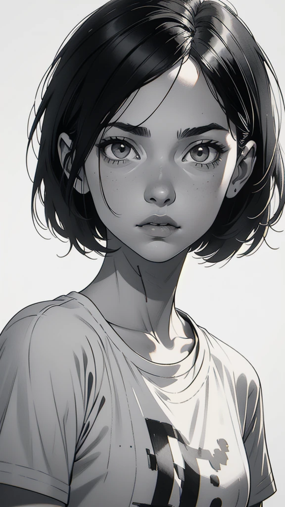 1 boyish girl, solo, sharp eyes, monochrome, greyscale, short black hair, portrait, white T-shirt, thin eyebrows, closed mouth, looking at viewer, graphite \(medium\), detailed lips, hatching \(texture\), without makeup, full bangs, upper body, (best illustration), (best quality), (very detailed), (masterpiece), expressionless,