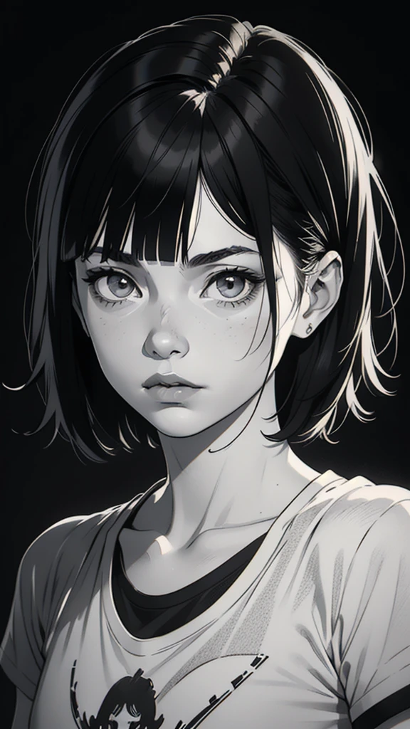 1 boyish girl, solo, sharp eyes, monochrome, greyscale, short black hair, portrait, white T-shirt, thin eyebrows, closed mouth, looking at viewer, graphite \(medium\), detailed lips, hatching \(texture\), without makeup, full bangs, upper body, (best illustration), (best quality), (very detailed), (masterpiece), expressionless,