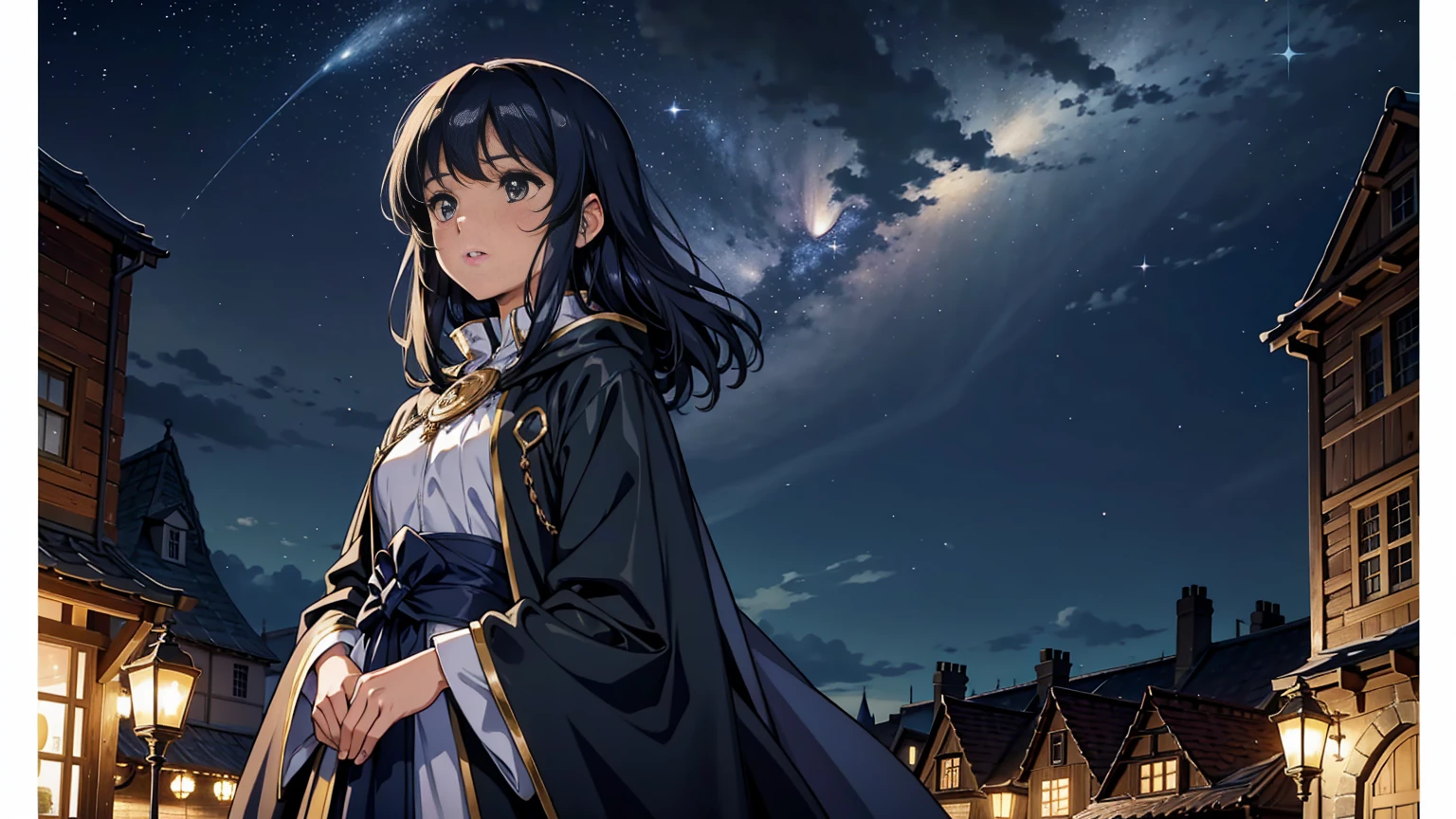 A large medieval town under a starry night sky, perfect for a fantasy setting. The town is bustling with tall stone buildings, cobblestone streets, and glowing lanterns casting a warm light. In the foreground, a young woman stands on a balcony, looking up at the expansive night sky filled with twinkling stars and a glowing crescent moon. She has long, flowing black hair and wears a dark blue cloak that blends with the night. Her expression is one of awe and wonder as she gazes at the stars. The atmosphere is magical and serene, with a sense of quiet night-time mystery and charm.