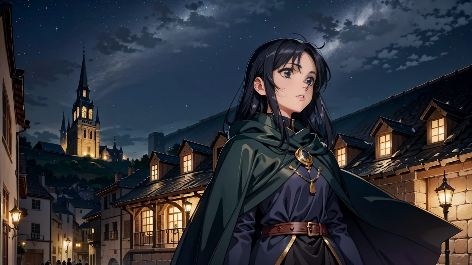 A large medieval town under a starry night sky, perfect for a fantasy setting. The town is bustling with tall stone buildings, cobblestone streets, and glowing lanterns casting a warm light. In the foreground, a young woman stands on a balcony, looking up at the expansive night sky filled with twinkling stars and a glowing crescent moon. She has long, flowing black hair and wears a dark blue cloak that blends with the night. Her expression is one of awe and wonder as she gazes at the stars. The atmosphere is magical and serene, with a sense of quiet night-time mystery and charm.