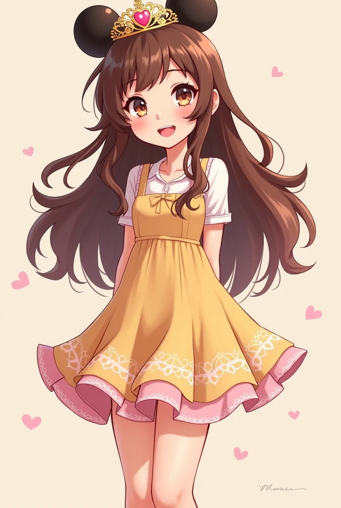 2D drawing,  cute in a flared dress, Long brown hair, eyes browns, happy with a minnie tiara, cute style