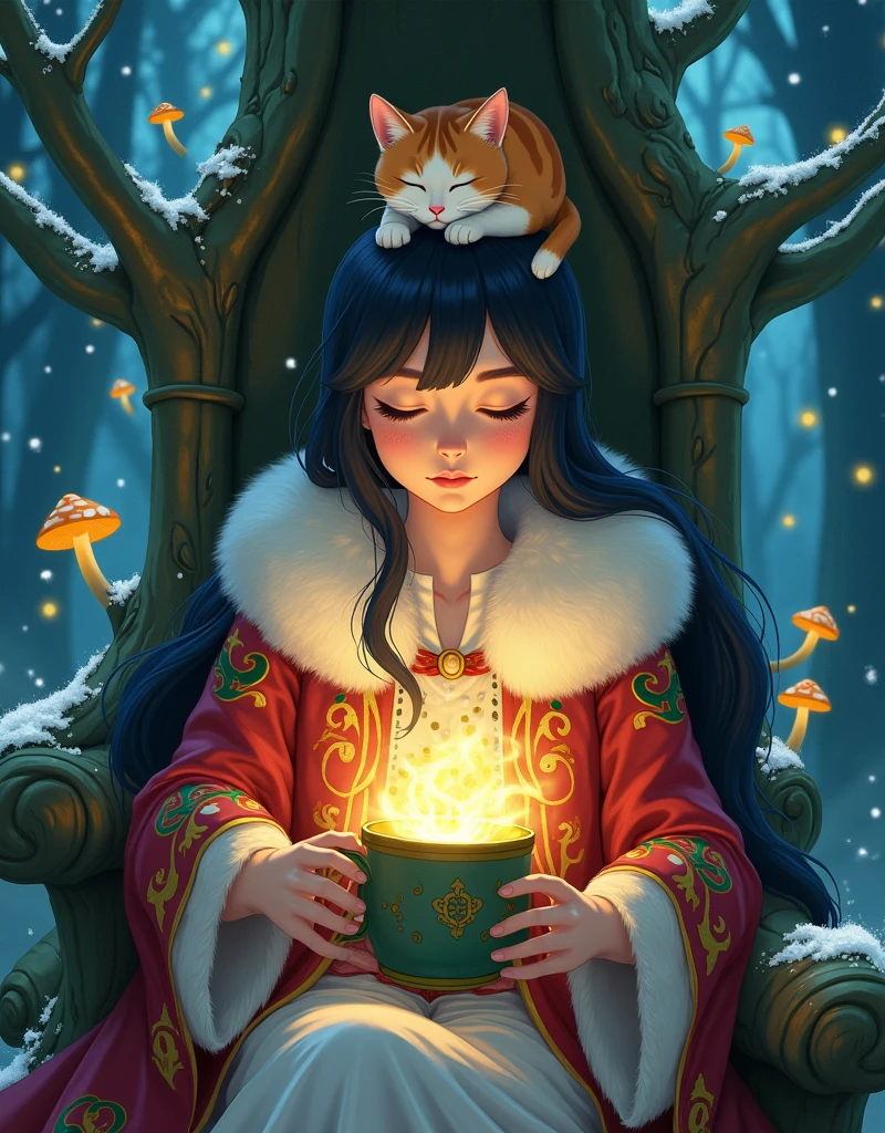 Ghibli Studio style, vibrant colors, close-up of a beautiful enchantress's hands holding a mug overflowing with swirling, luminescent mist. She wears a richly embroidered mage coat with fur accents, seated in a throne carved from a living tree that glows with runes. A calico cat sleeps peacefully on her head, glowing mushrooms around, snowflakes drifting into her grove dwelling, a sense of powerful yet gentle magic.