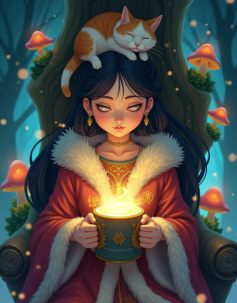 Ghibli Studio style, vibrant colors, close-up of a beautiful enchantress's hands holding a mug overflowing with swirling, luminescent mist. She wears a richly embroidered mage coat with fur accents, seated in a throne carved from a living tree that glows with runes. A calico cat sleeps peacefully on her head, glowing mushrooms around, snowflakes drifting into her grove dwelling, a sense of powerful yet gentle magic.