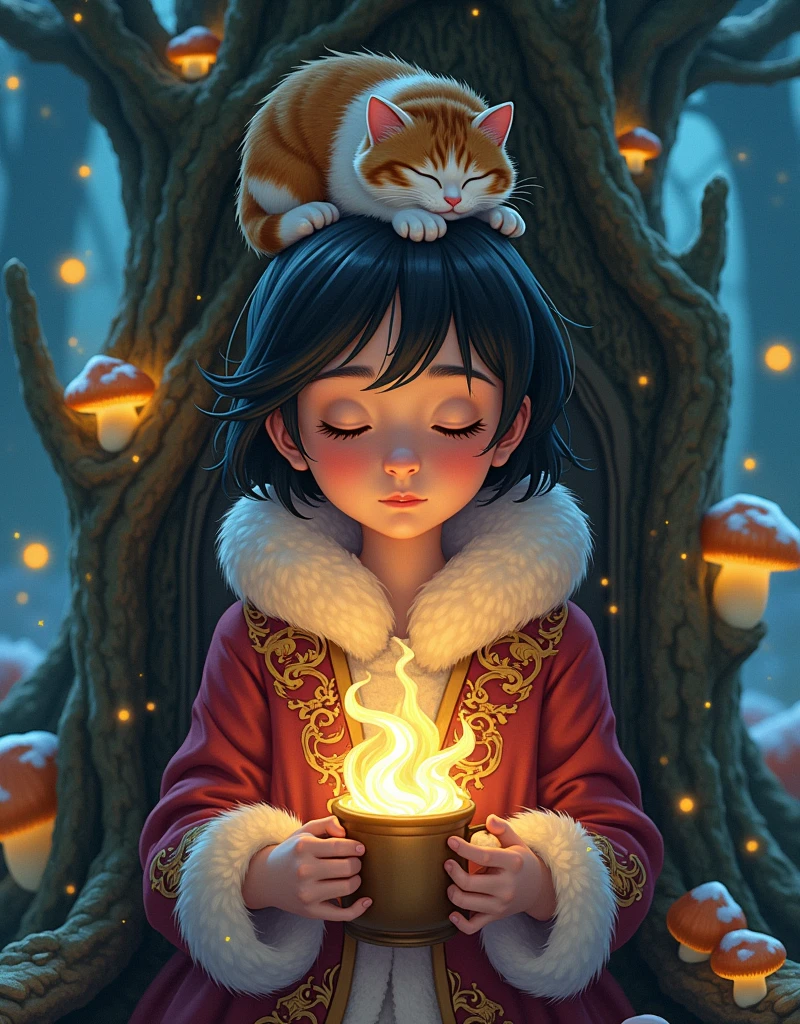 Ghibli Studio style, vibrant colors, close-up of a beautiful enchantress's hands holding a mug overflowing with swirling, luminescent mist. She wears a richly embroidered mage coat with fur accents, seated in a throne carved from a living tree that glows with runes. A calico cat sleeps peacefully on her head, glowing mushrooms around, snowflakes drifting into her grove dwelling, a sense of powerful yet gentle magic.