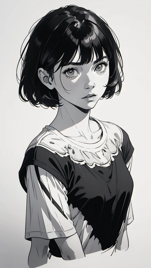 1 boyish girl, solo, sharp eyes, monochrome, greyscale, short black hair, portrait, white T-shirt, thin eyebrows, closed mouth, looking at viewer, graphite \(medium\), detailed lips, hatching \(texture\), without makeup, full bangs, upper body, (best illustration), (best quality), (very detailed), (masterpiece), expressionless,