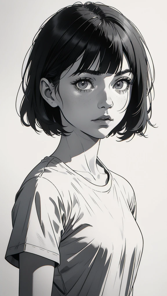 1 boyish girl, solo, sharp eyes, monochrome, greyscale, short black hair, portrait, white T-shirt, thin eyebrows, closed mouth, looking at viewer, graphite \(medium\), detailed lips, hatching \(texture\), without makeup, full bangs, upper body, (best illustration), (best quality), (very detailed), (masterpiece), expressionless,