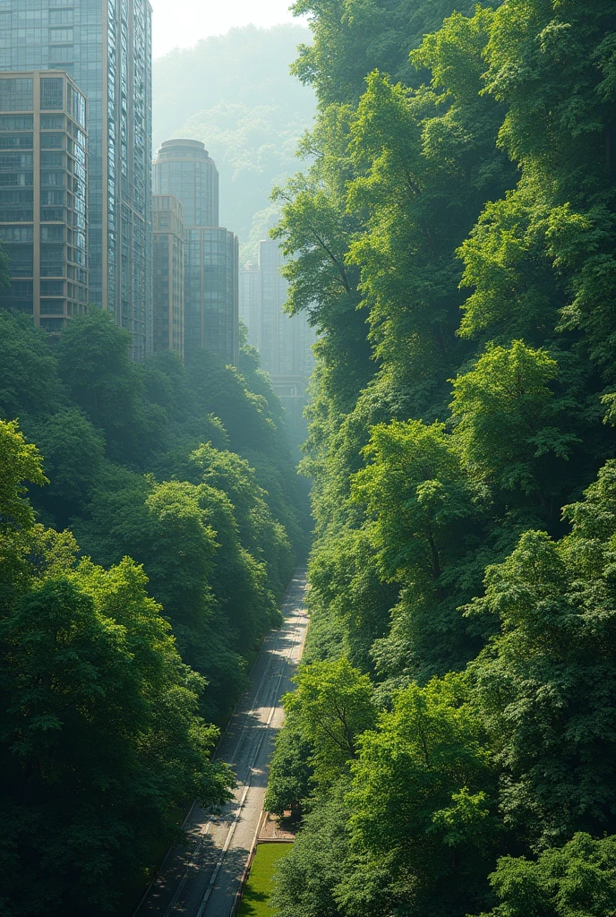 Make in a single image half of a beautiful and very green forest and a city with few trees and no water 