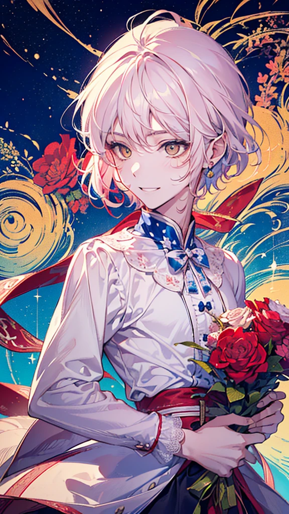 ((Male around 20 years old:1.3)),((The world is small:1.3)),Fairy tale prince style,Alice in Wonderland,Cheshire Cat,(Polka dot background:1.2),red、white、pink、yellow,((Head Down:1.5)),(red面、full of energy),((dogeza:1.2)),((prostrate:1.25)),smile