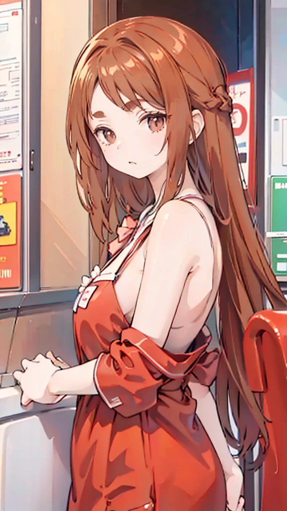 10-year lifespan, Brown hair, White skin, Practical, Long hair with a red bow, Light brown eyes, Red Dress, 8K images, Practical human skin, Authentic image,