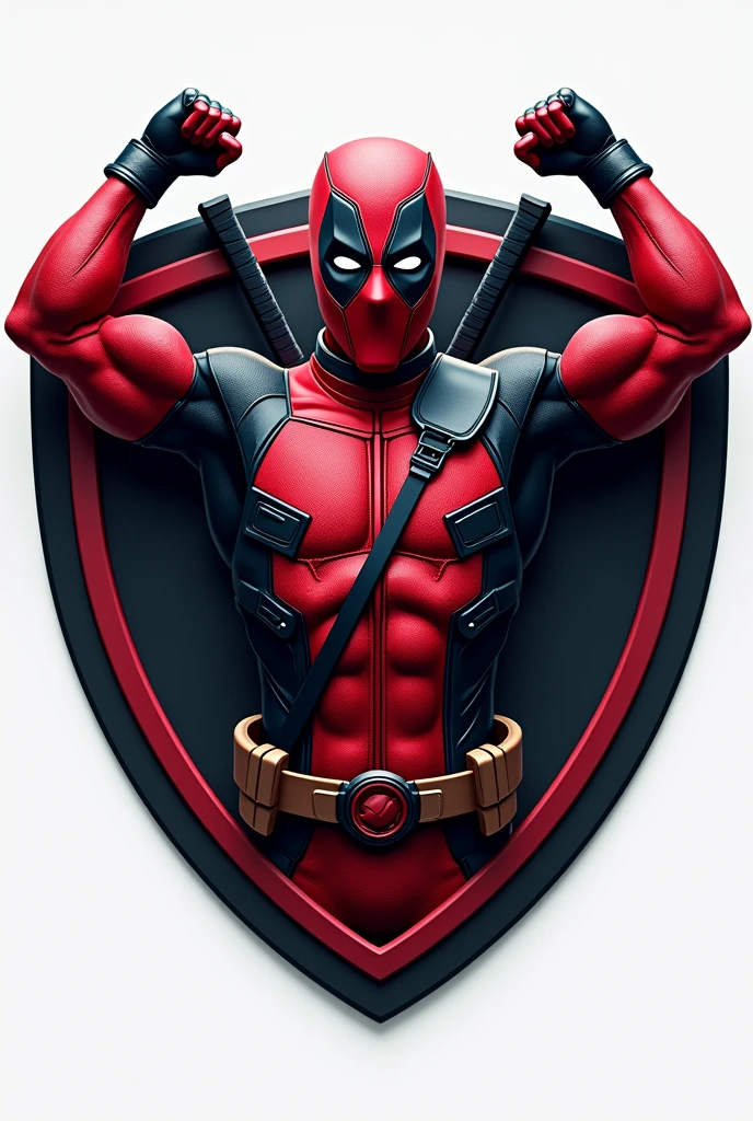 Design a logo that features an ultra-realistic representation of a Deadpool-like character, with victorious hands of triumph. The character must be integrated into a shield-shaped emblem. The design should be detailed and realistic, capturing the character's iconic costume and his playful yet triumphant expression.