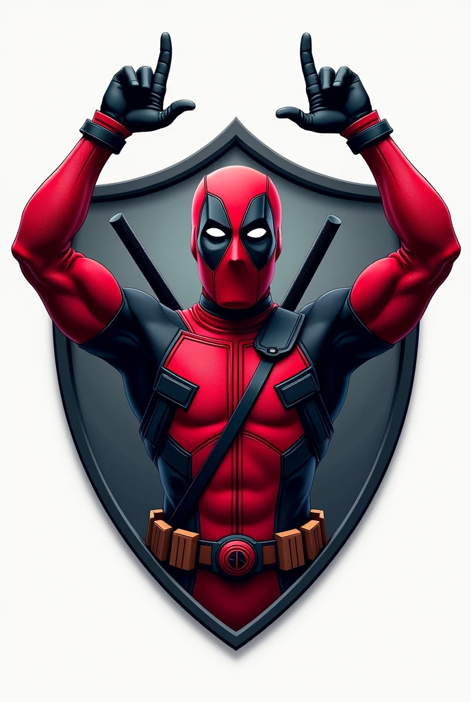 Design a logo that features an ultra-realistic representation of a Deadpool-like character, with victorious hands of triumph. The character must be integrated into a shield-shaped emblem. The design should be detailed and realistic, capturing the character's iconic costume and his playful yet triumphant expression.