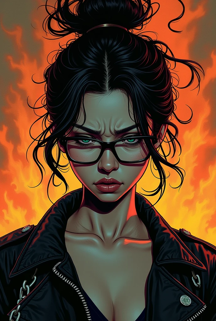 draw a female wearing black glasses with an exahusted face, hair on fire, jacket with chains 