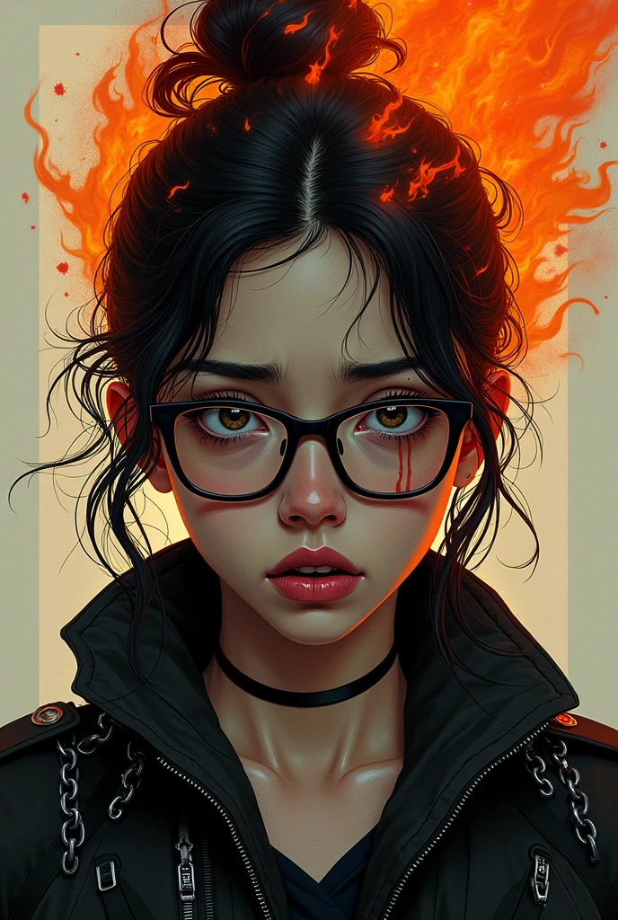 draw a female wearing black glasses with an exahusted face, hair on fire, jacket with chains