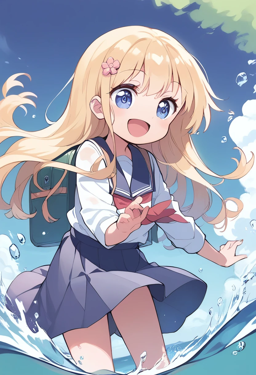 (8k, Highest quality, masterpiece: 1.2),Ultra-high resolution, 1 person, cute, solo,Highly detailed face, Blonde, high school girl, School Uniform, blouse, ribbon, Box Skirt, navy blue, Slightly longer, Ocean, Ocean水浴, Soaking wet, splash, Water Play, Submersion, like, The best smile, Date, Excited