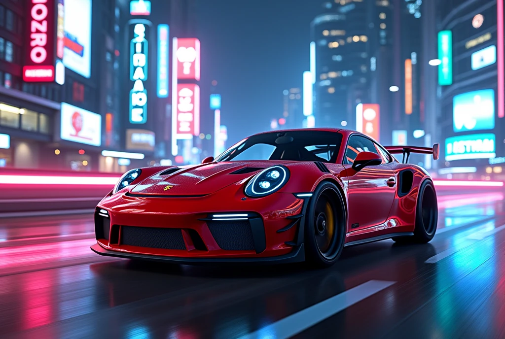 Porsche car 911. Gt in red colour in Neon city and lights blue colour 