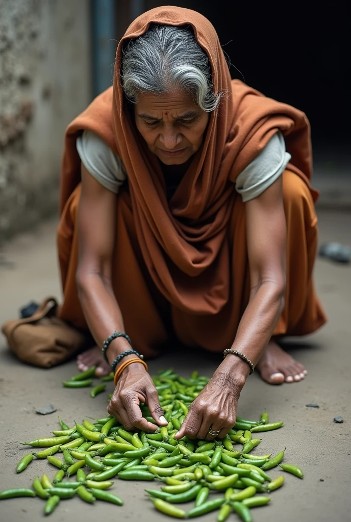 A photo of a poor Indian woman making a deer on the ground using green chillies