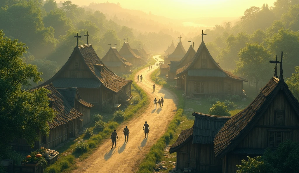 Aerial view, Final image of the Village in Daylight: The same village as at the beginning, with lush green trees all around, now lit by the soft morning light, with people coming out of their homes and interacting more calmly. This symbolizes the return of peace and the overcoming of terrible events.