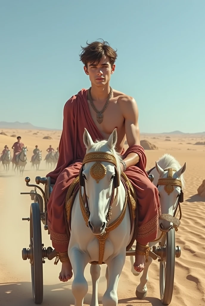 A young skinny prince white skin beautiful face handsome shirtless in a small Roman carriage with 4 horses in the desert
