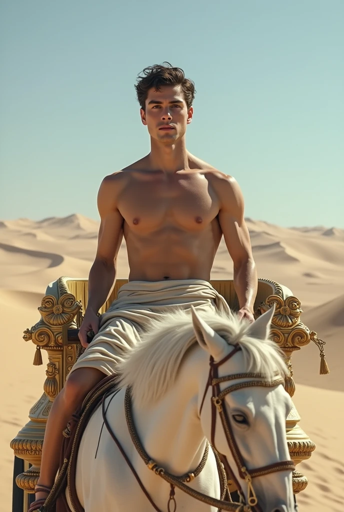 A young skinny prince white skin beautiful face handsome shirtless in a small Roman carriage with 4 horses in the desert 