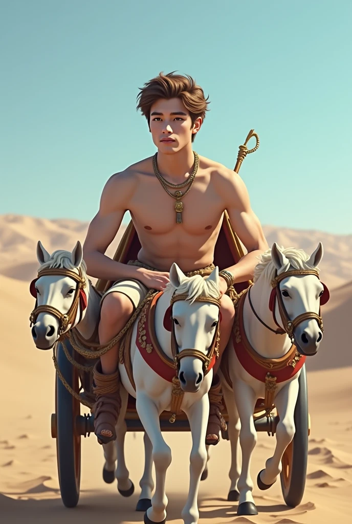 A young skinny prince white skin beautiful face handsome shirtless in a small Roman carriage with 4 horses in the desert