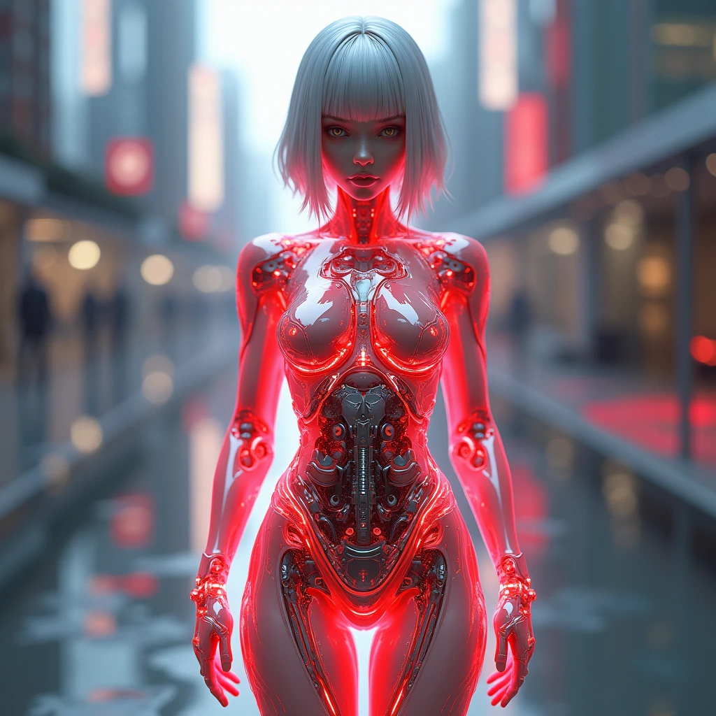 translucent white glowing glass red body de frente de pé olhando pra frente ,joelho e coxa de ferro prateado, pink showcasing the intricate digital skull mechanics and moedas black intertwined within. The cyborg's hazel eyes capture the viewer's attention, while her silver hair and wide hips exude an air of elegance. The futuristic cityscape serves as a backdrop, reflecting the pink glow emanating from the cyborg's body. The hyperdetailed ultrarealistic face and fluid movement create a sense of depth and realism. The image is a mesmerizing blend of fashion photography, 3D render, and portrait photography, capturing the beauty and complexity of this captivating character., 3d render, photo, portrait photography , body de frente de pé olhando pra frente ,joelho e coxa de ferro prateado, green showcasing the intricate clockwork mechanics and water gold intertwined within. The cyborg's hazel eyes capture the viewer's attention, while her amarelo blue hair and wide hips exude an air of elegance. The futuristic cityscape serves as a backdrop, reflecting the roxo glow emanating from the cyborg's body. The hyperdetailed ultrarealistic face and fluid movement create a sense of depth and realism. The image is a mesmerizing blend of fashion photography, 3D render, and portrait photography, capturing the beauty and complexity of this captivating character., 3d render, photo, portrait photography