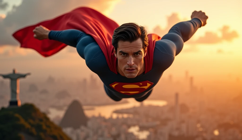superman flying in the sky over the city of Rio de Janeiro, ultra detaild, ultra realistic, flying very fast, traces of fire, close-up, front view, ((you can see Christ the Redeemer in the background)), (offering a help hand pose), dark blonde hair, small clouds below, sunset