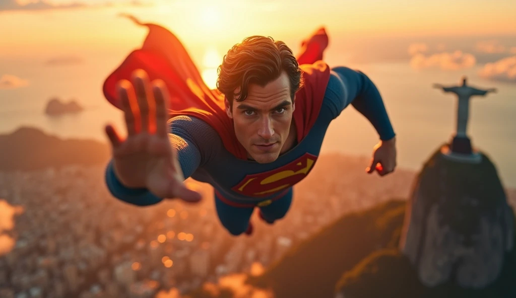 superman flying in the sky over the city of Rio de Janeiro, ultra detaild, ultra realistic, flying very fast, traces of fire, close-up, front view, ((you can see Christ the Redeemer in the background)), (offering a help hand pose), dark blonde hair, small clouds below, sunset