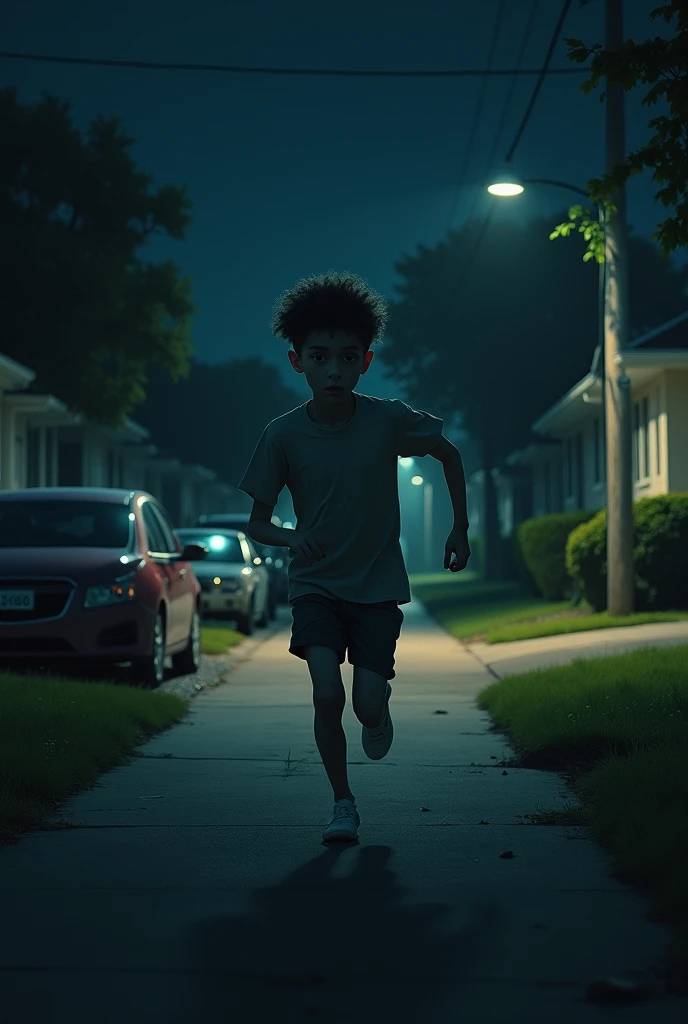 Draw a 1 boy , Without beard, delgado, and white-skinned escaping from a subdivision at night
