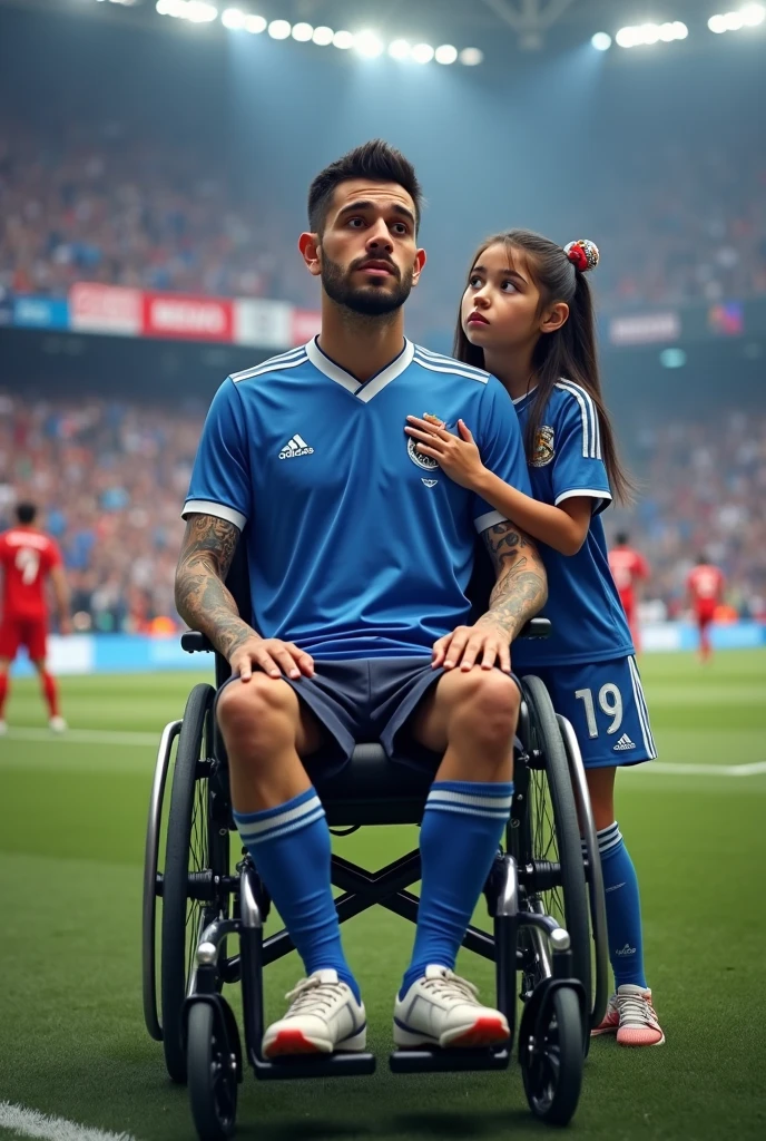 Javier, twenty-five years old, thin body, tattoo on his arms, black expanders or piercings in your earssitting in a wheelchair, disabled, soccer team fan with blue uniform, in the background a stadium with people holding his name on banners, while he is dressed with all the accessories of a soccer fan, next to him his daughter, Sara, who is , sad look because she knows that her father is going to die

Facing the camera from the front to tell his story, short hair, enlarged image, clear setting, no animation, 100% real,  players soccer under background  with shorts blue