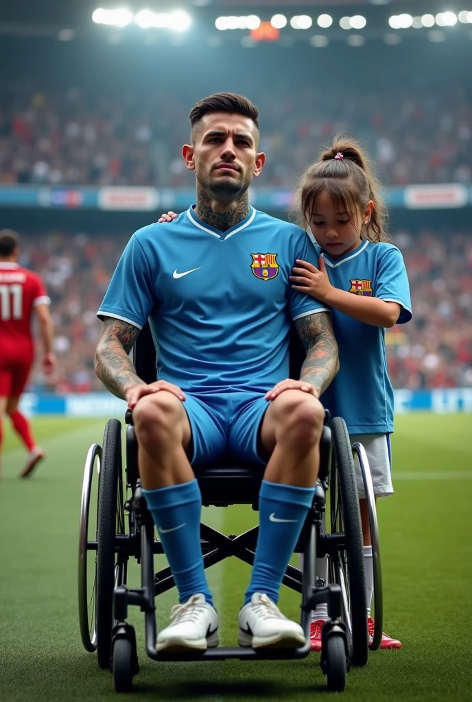 Javier, twenty-five years old, thin body, tattoo on his arms, black expanders or piercings in your earssitting in a wheelchair, disabled, soccer team fan with blue uniform, in the background a stadium with people holding his name on banners, while he is dressed with all the accessories of a soccer fan, next to him his daughter, Sara, who is , sad look because she knows that her father is going to die
Facing the camera from the front to tell his story, short hair, enlarged image, clear setting, no animation, 100% real, players soccer under background with shorts blue