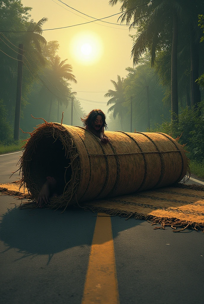 Two ominous native banigs that are rolled up and tied. One banig is rolling down the road at 3pm with the one completely untied and is wrapping around a human screaming in horror.