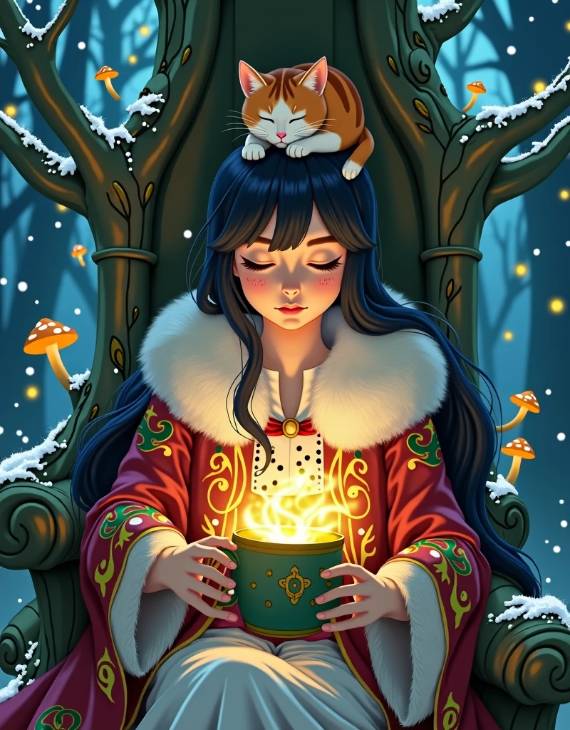 Ghibli Studio style, vibrant colors, close-up of a beautiful enchantress's hands holding a mug overflowing with swirling, luminescent mist. She wears a richly embroidered mage coat with fur accents, seated in a throne carved from a living tree that glows with runes. A calico cat sleeps peacefully on her head, glowing mushrooms around, snowflakes drifting into her grove dwelling, a sense of powerful yet gentle magic.