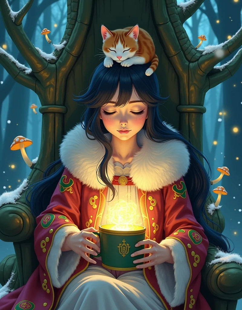 Ghibli Studio style, vibrant colors, close-up of a beautiful enchantress's hands holding a mug overflowing with swirling, luminescent mist. She wears a richly embroidered mage coat with fur accents, seated in a throne carved from a living tree that glows with runes. A calico cat sleeps peacefully on her head, glowing mushrooms around, snowflakes drifting into her grove dwelling, a sense of powerful yet gentle magic.