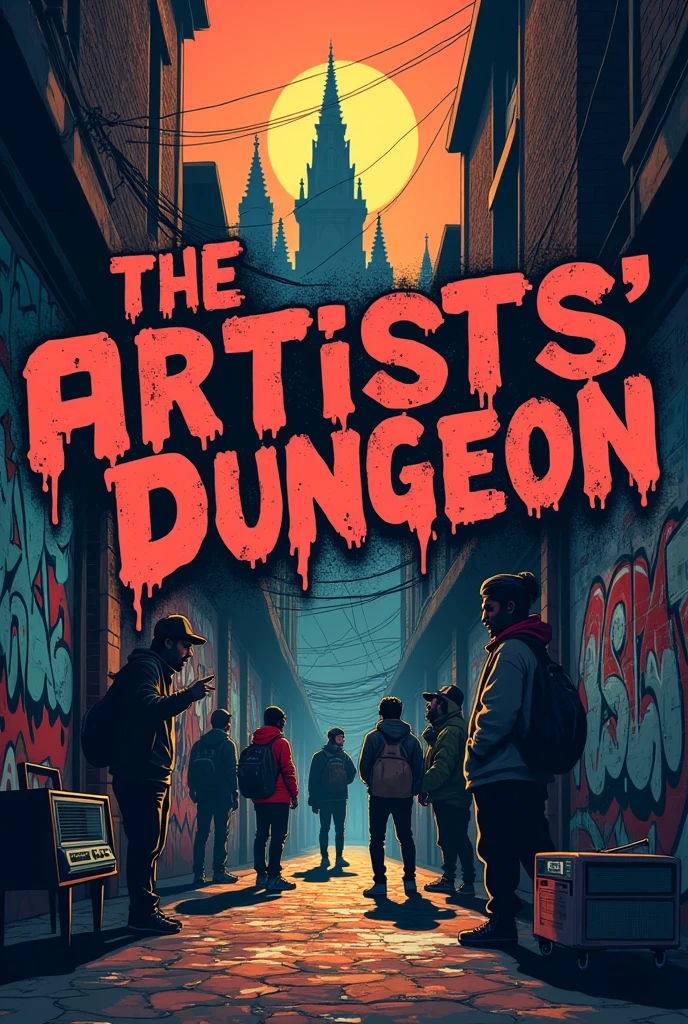 A logo with an alley in which they are making graffiti that says: the artists&#39; dungeon with the lyrics dripping and there are also some kids rapping with a retro radio and in a corner in the background you can see the church of the cathedral of Ambato