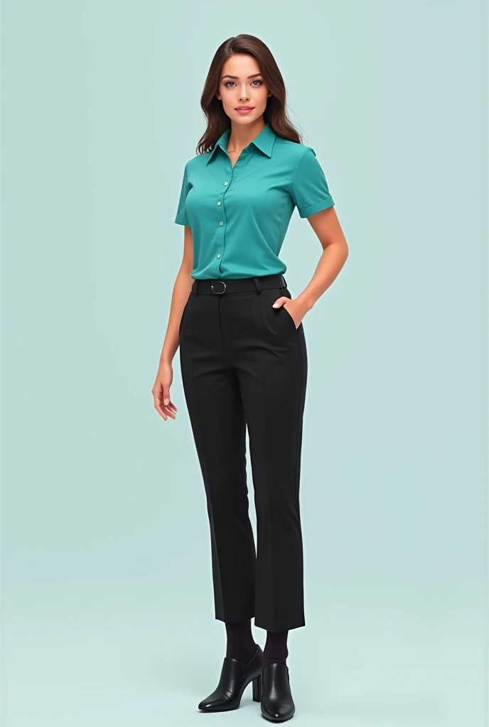 Columbia Turquoise Short Sleeve Shirt Uniform with Black Pants Black Shoes and Black Socks Women