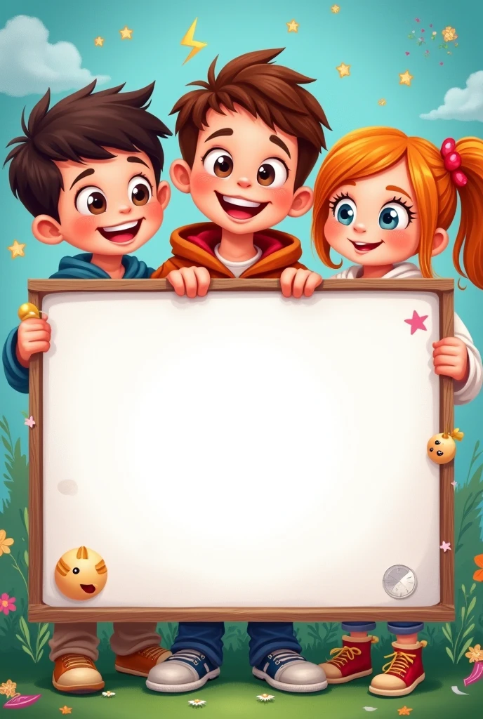 Create a cute and creative English vocabulary book cover for kids featuring several boys and girls holding a blank sign