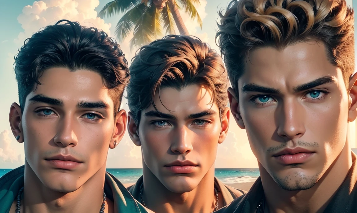 [((highly detailed, detailed eyes, detailed face, clear and realistic facial features, photorealistic, realistic light, cinematic, close up)), ((((3 men, each man looks unique, each man has a different natural hair color and different facial features and skin color)))), (((sexy male college-age jocks standing on the beach and looking angry or frustrated))), ((wearing casual clothes)), ((beautiful deserted tropical island with a storm in background))]