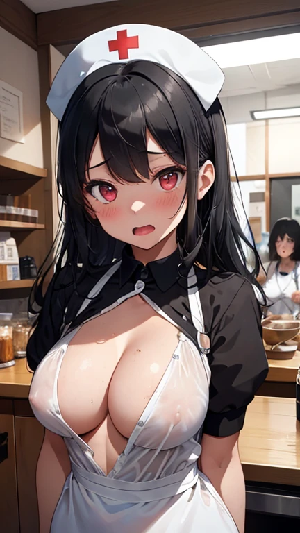 mastute piece,Best Quality,insanely detailed,8k cg,nsfw,
(shoot upper body:1.3),
(1girls:1.3),standing,looking at viewr,body in front,(both arms behind back:1.3),(nurse waitress costume:1.3,nurse cap:1.2,apron),(bare breasts:1.2),break,
blush,shy,(ecstasy face),(trembling:1.2),break,(light black hair:1.2),
break,
perfect breasts,perfect teats,(open mouth:0.9),(large breasts:1.3),
(coffee shop:1.1),