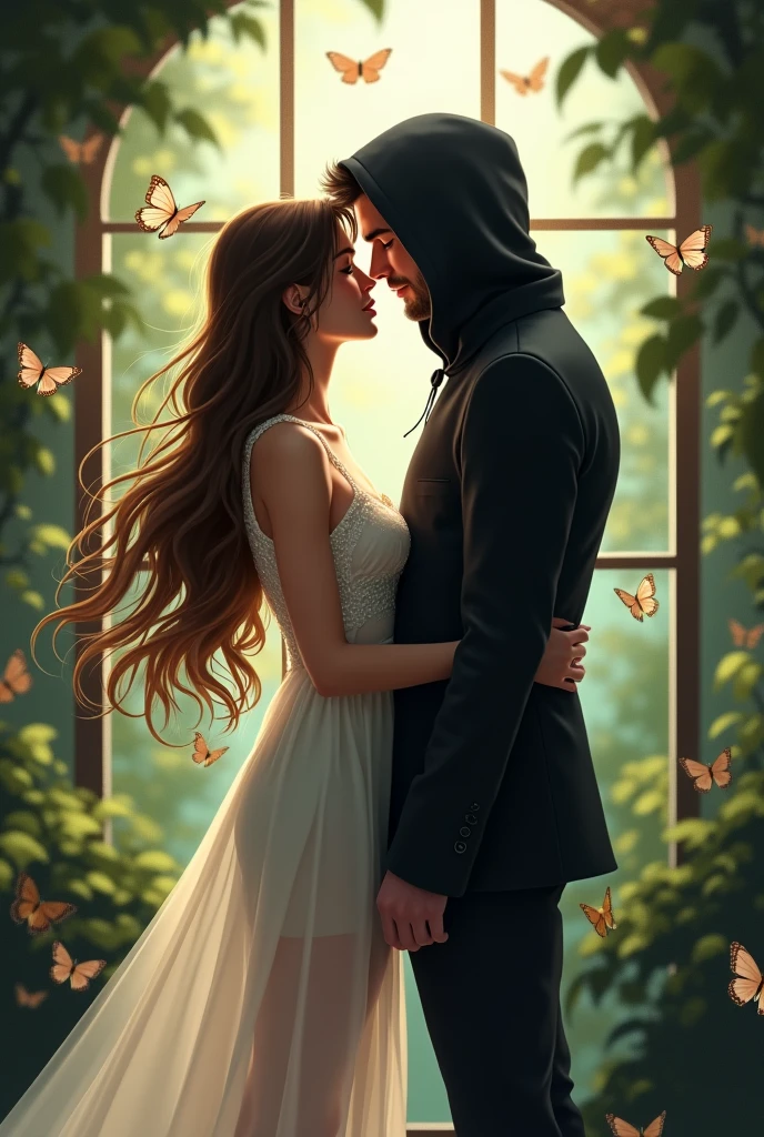 Create an image where a boy and a girl are inside a butterfly house. She has a white nightgown and long hair.. The boy has a black hooded suit. She has her back to him while he speaks in her ear. more realistic and both are separated. They are both adults. MORE ADULTS AND HE IS BEHIND HER