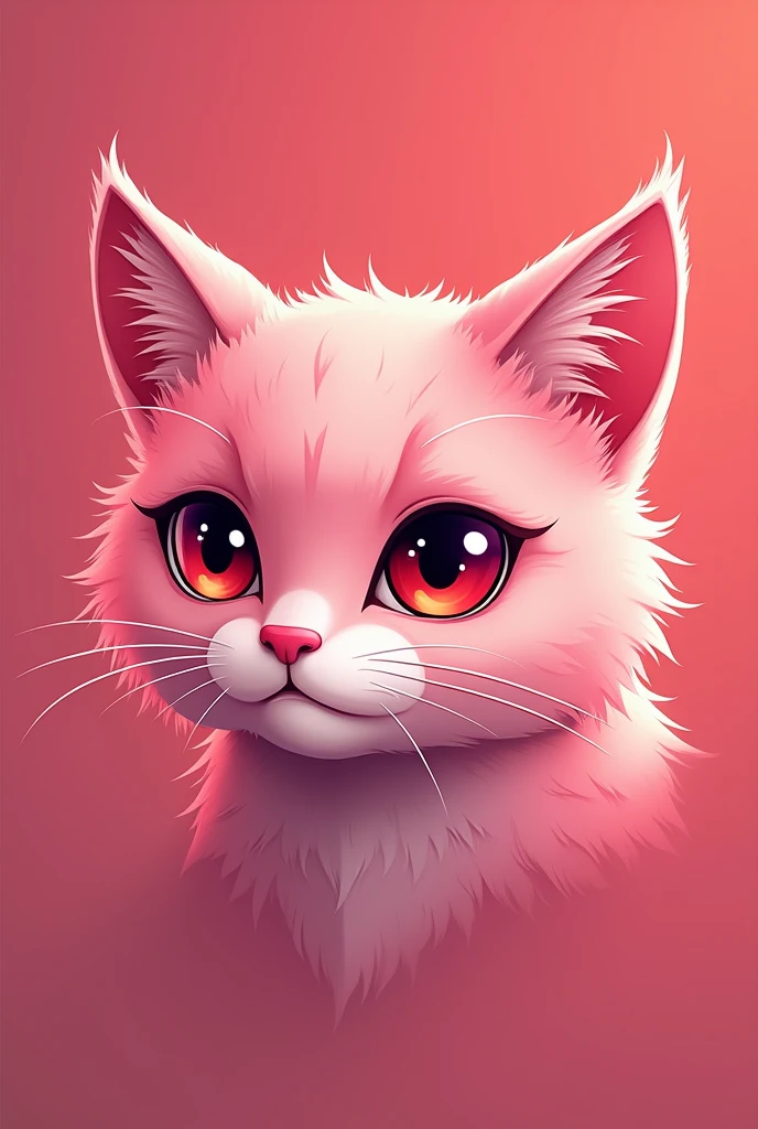 An icon of a pink fur cat head, red eyes and pointed whiskers, The cat inspires sensitivity and mysticism. The cat looks ahead, the background should be pink or red, The cat is like a comic or cartoon