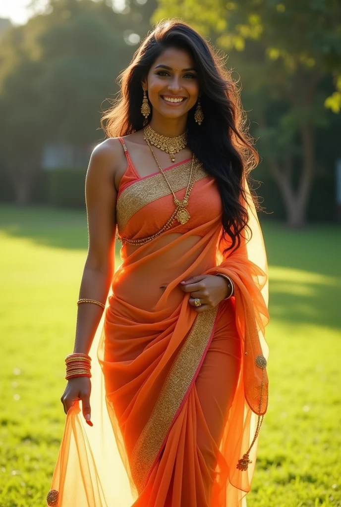 perfect Indian sexy wife with folded sleeveless see through saree , HDR, 8k, hyper detailed, best quality, ultra-high resolution, HDR, 8k, walking on the lawn , look at viewer, waist level view, bright smile, wearing gold ornaments, casual pose , average body with 36 D size breasts,28 hip size and 36 waist size, Having big breasts, waist level view, show background